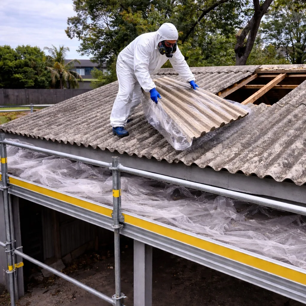Workers removing asbestos roof sheets from a residential property