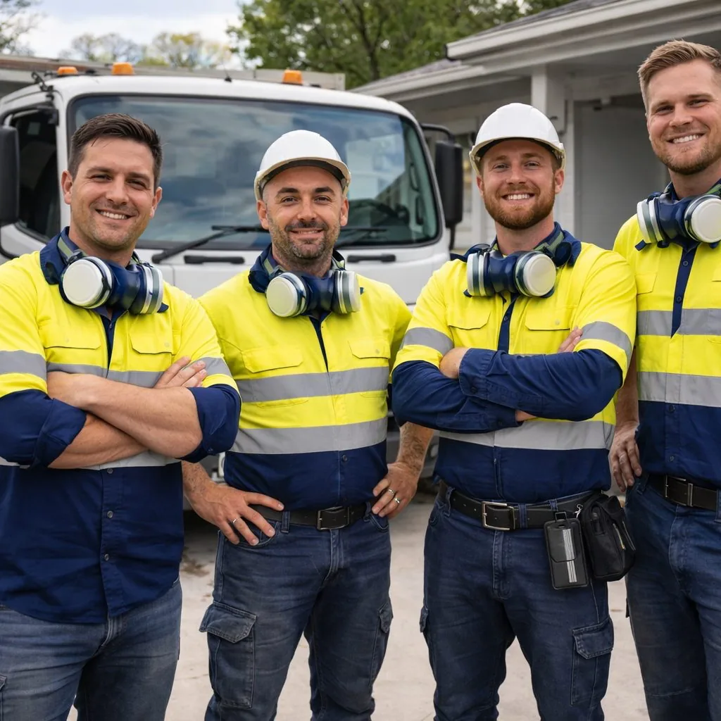 Trade crew beside vehicle