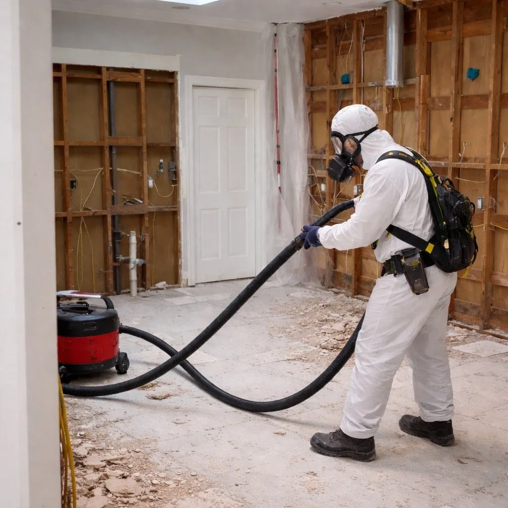 Workers in PPE handling asbestos roofing